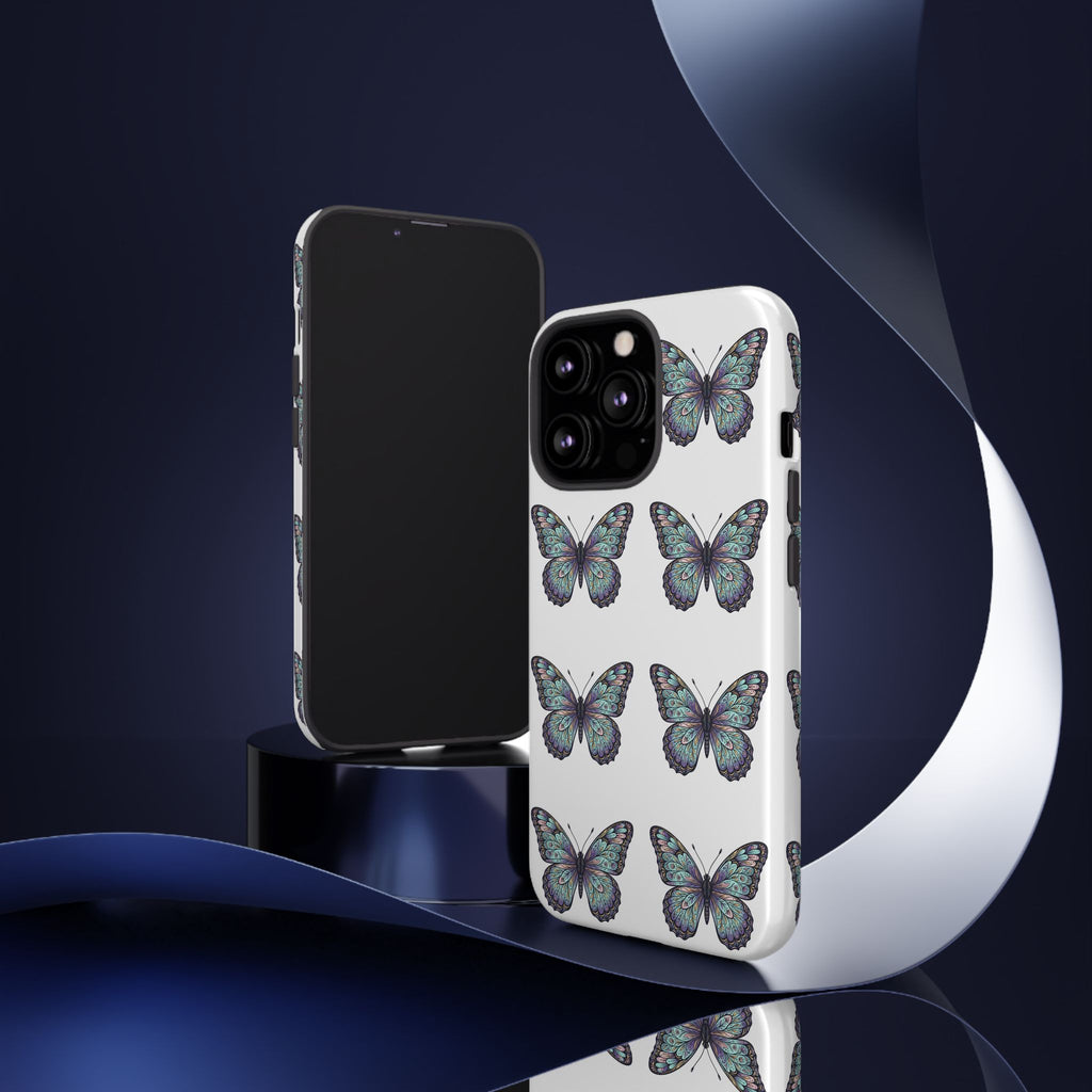 Butterfly Pattern Tough Phone Case — Vintage Teal Floral Protective Cover