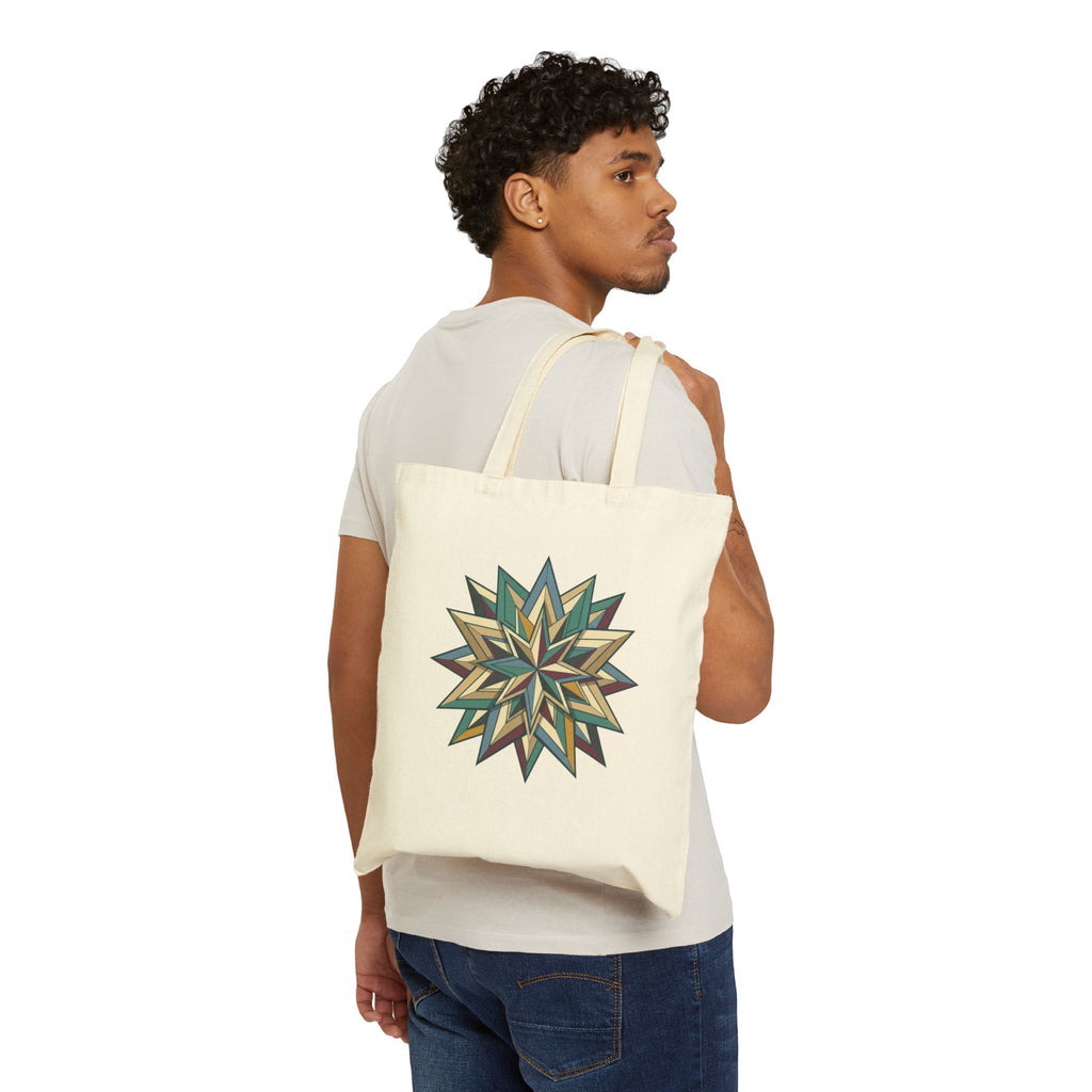 Geometric Starburst Canvas Tote Bag – Boho Green & Gold Quilted Design
