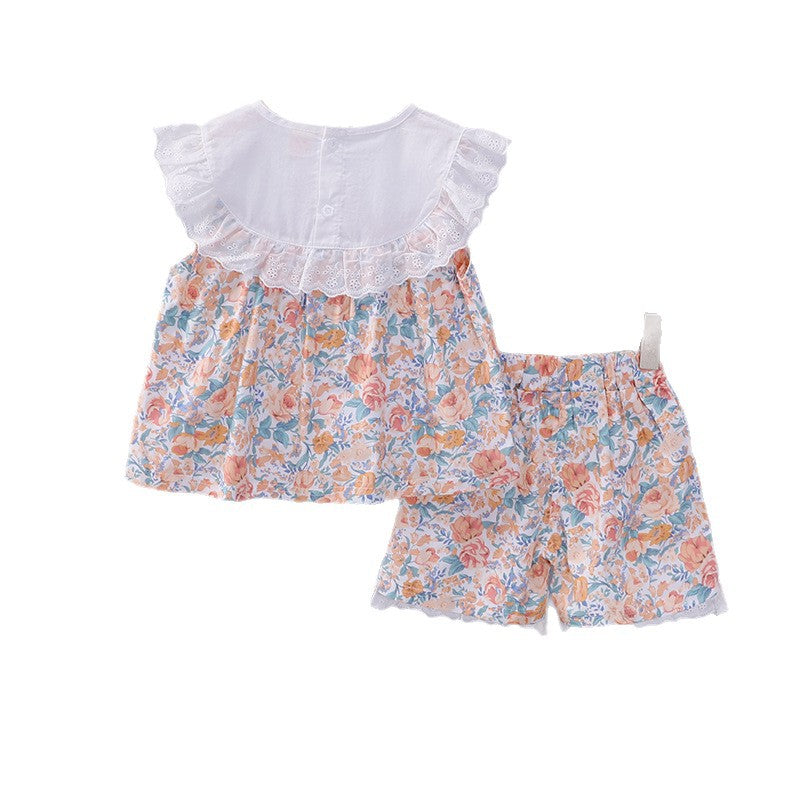 Summer clothes big flower short sleeved two-piece set