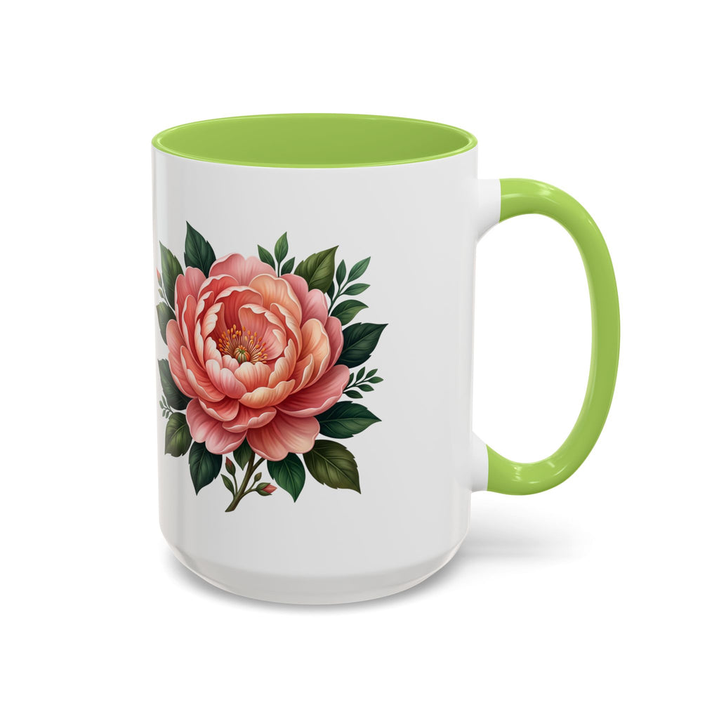 Floral Peony Accent Coffee Mug — Pink Rose Bloom Ceramic Cup