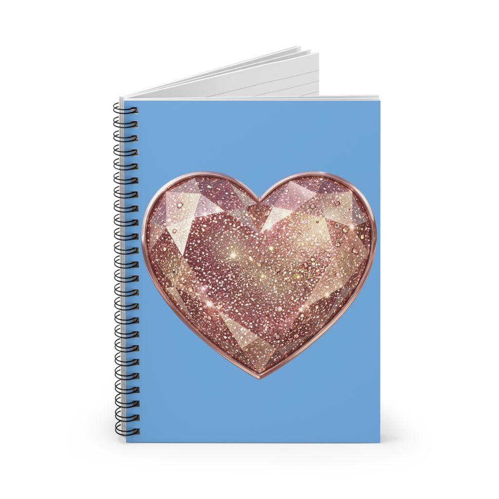 Sparkling Rose Gold Heart Spiral Notebook — Ruled Journal for Notes & Journaling- Light Blue