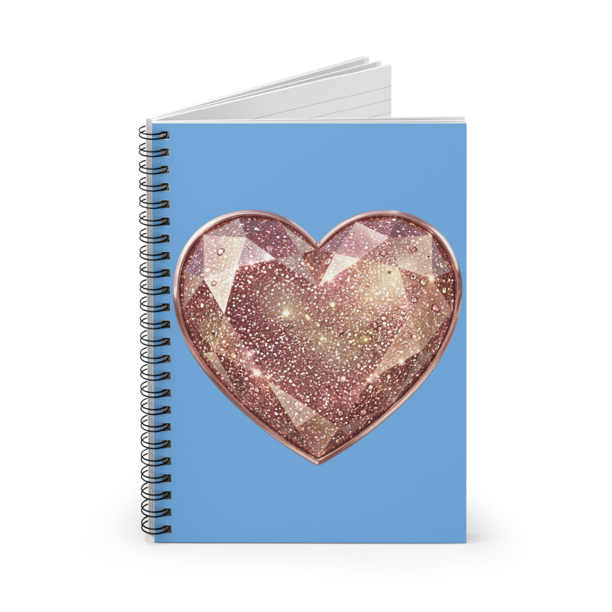 Sparkling Rose Gold Heart Spiral Notebook — Ruled Journal for Notes & Journaling- Light Blue