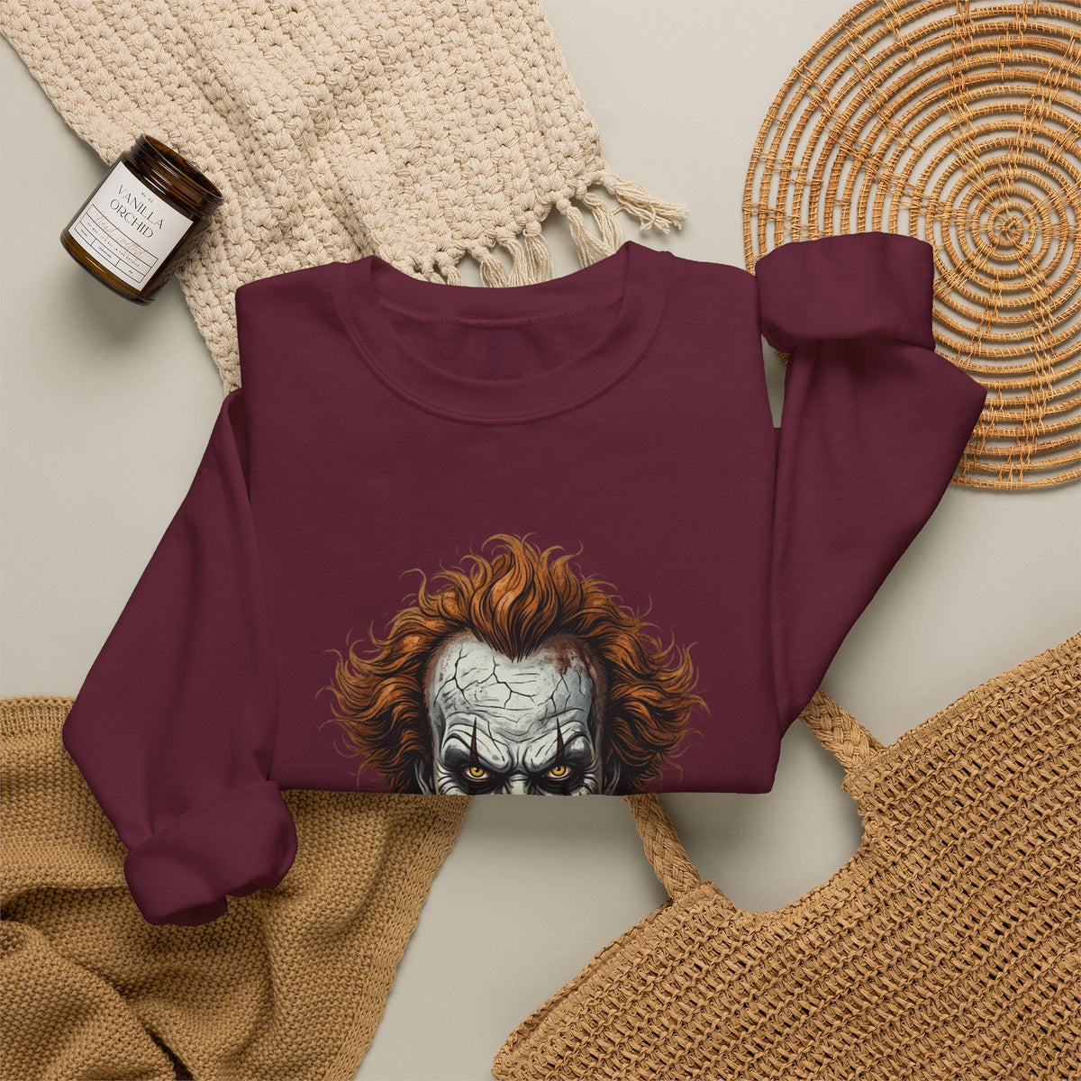 Creepy Clown Crewneck Sweatshirt – Horror Movie Inspired Graphic