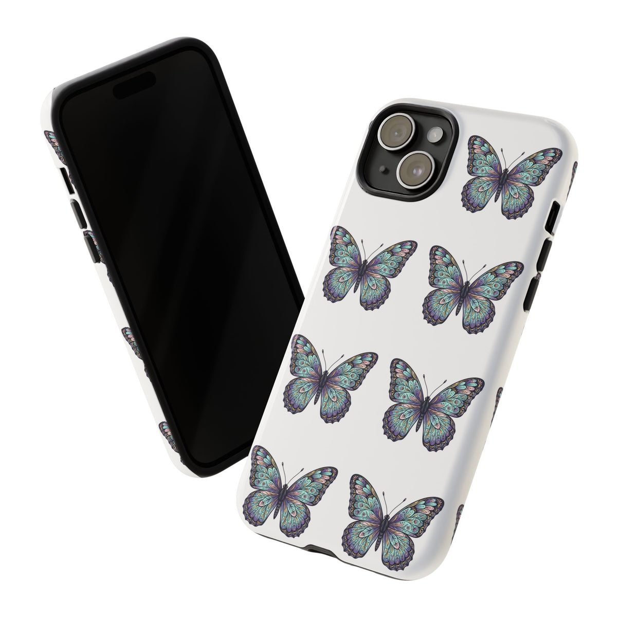 Butterfly Pattern Tough Phone Case — Vintage Teal Floral Protective Cover