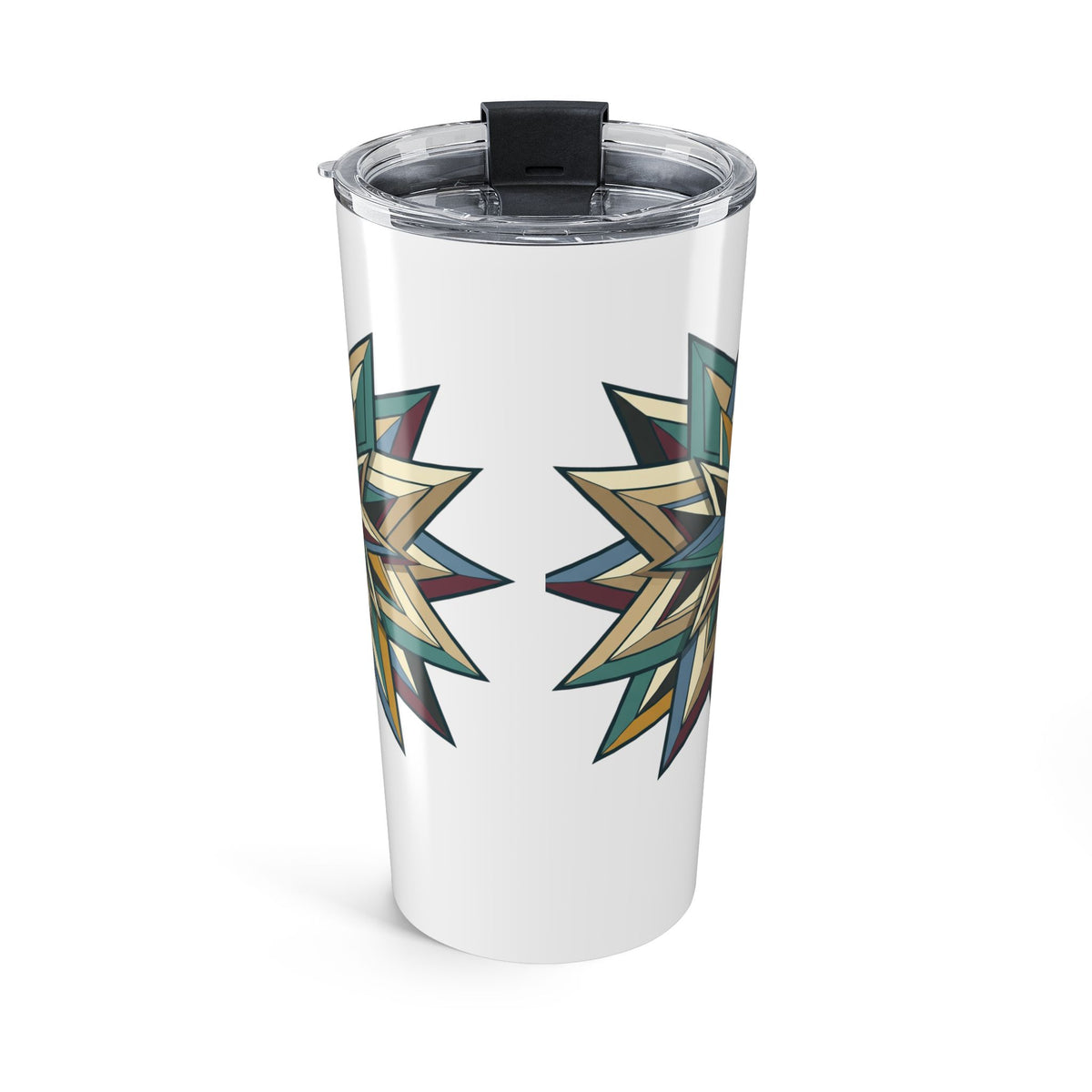 20oz Starburst Geometric Tumbler — Insulated Travel Cup with Teal & Gold Tribal Mandala- White