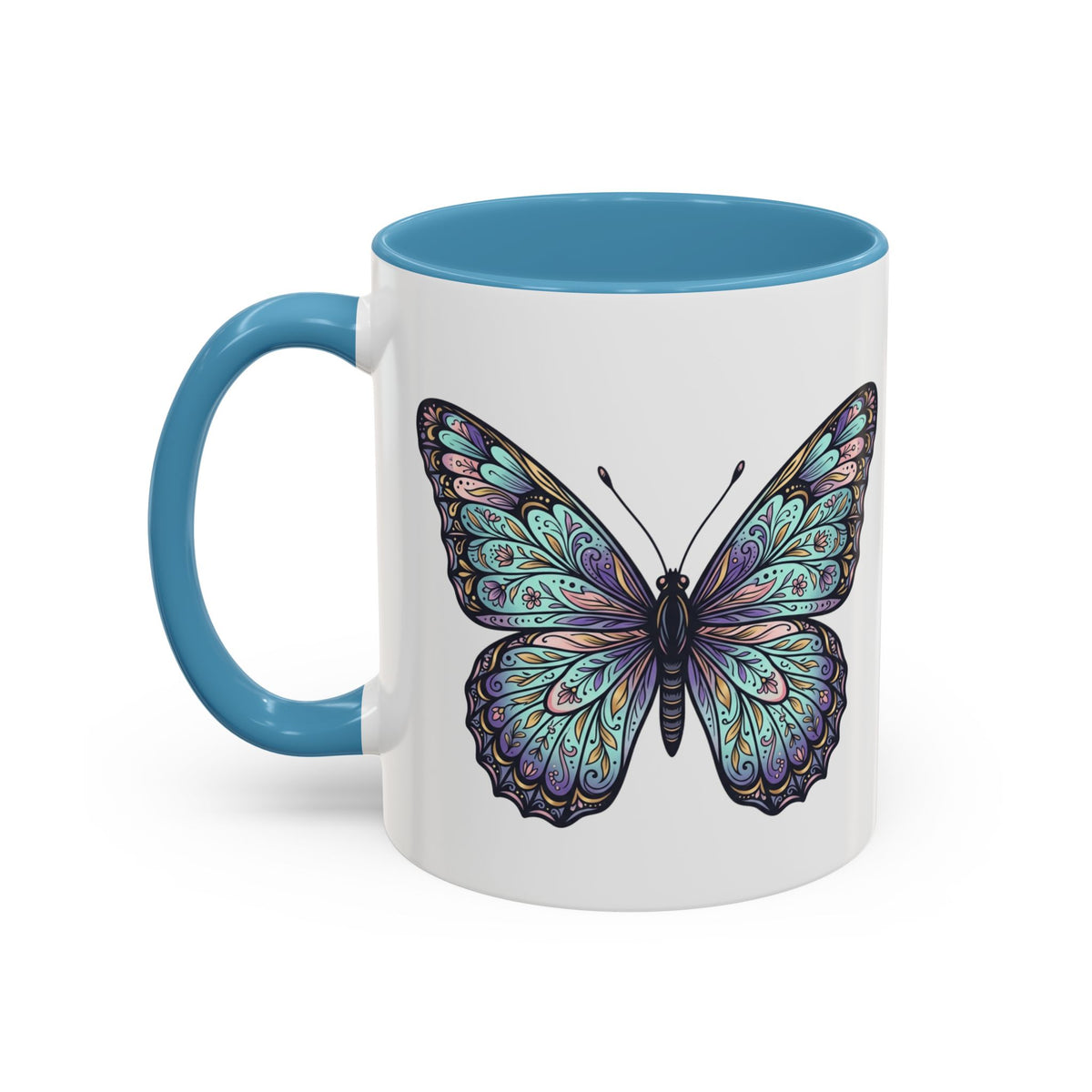 Butterfly Accent Coffee Mug — Teal Mandala Wing Design (11/15oz)