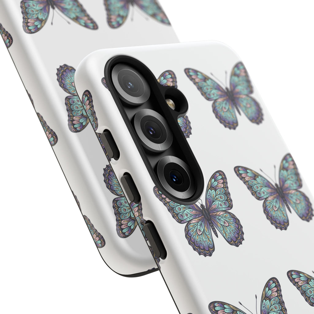 Butterfly Pattern Tough Phone Case — Vintage Teal Floral Protective Cover
