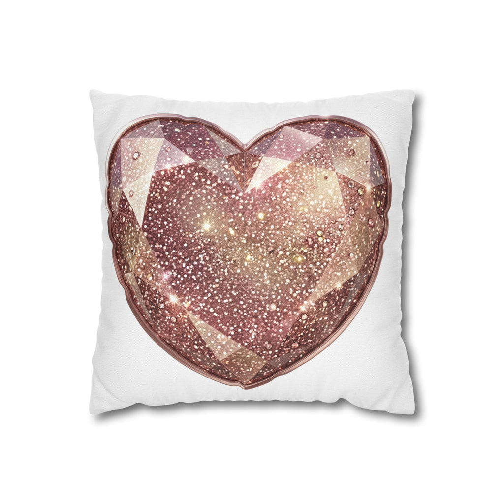 Glitter Rose Gold Gem Heart Pillowcase — Sparkling Decorative Cushion Cover- White