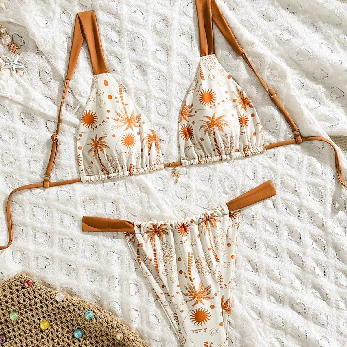 Ladies' Holiday Tropical Print Bikini Set with Triangular Cups,