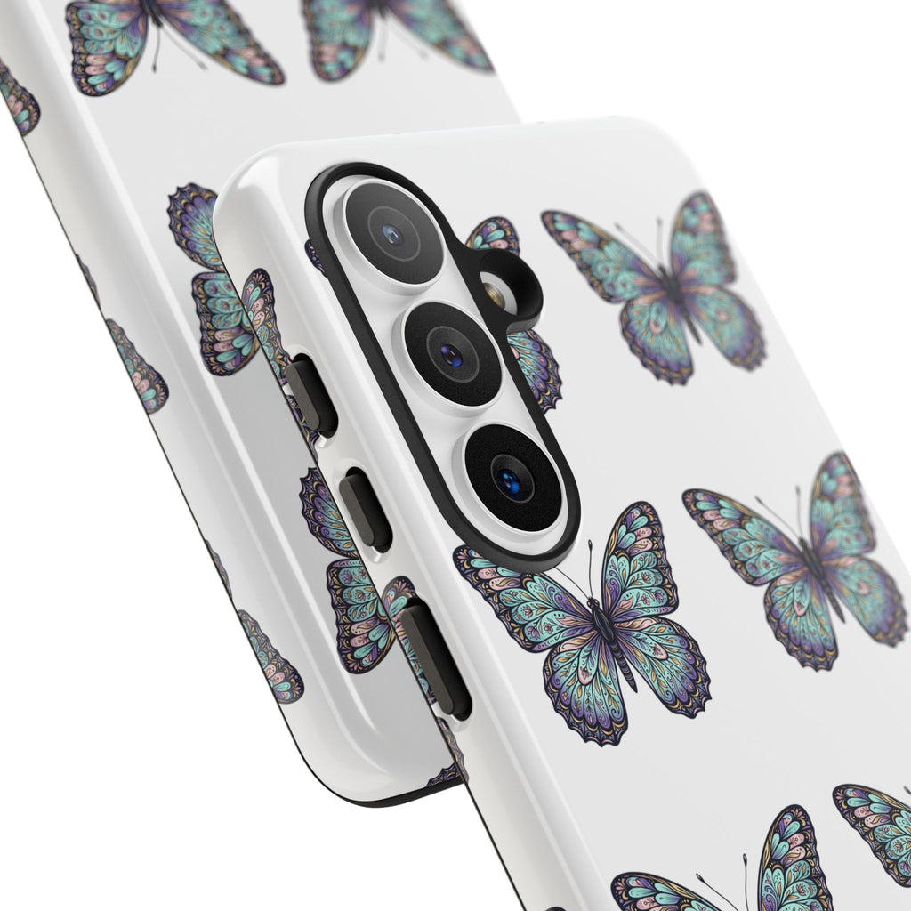 Butterfly Pattern Tough Phone Case — Vintage Teal Floral Protective Cover