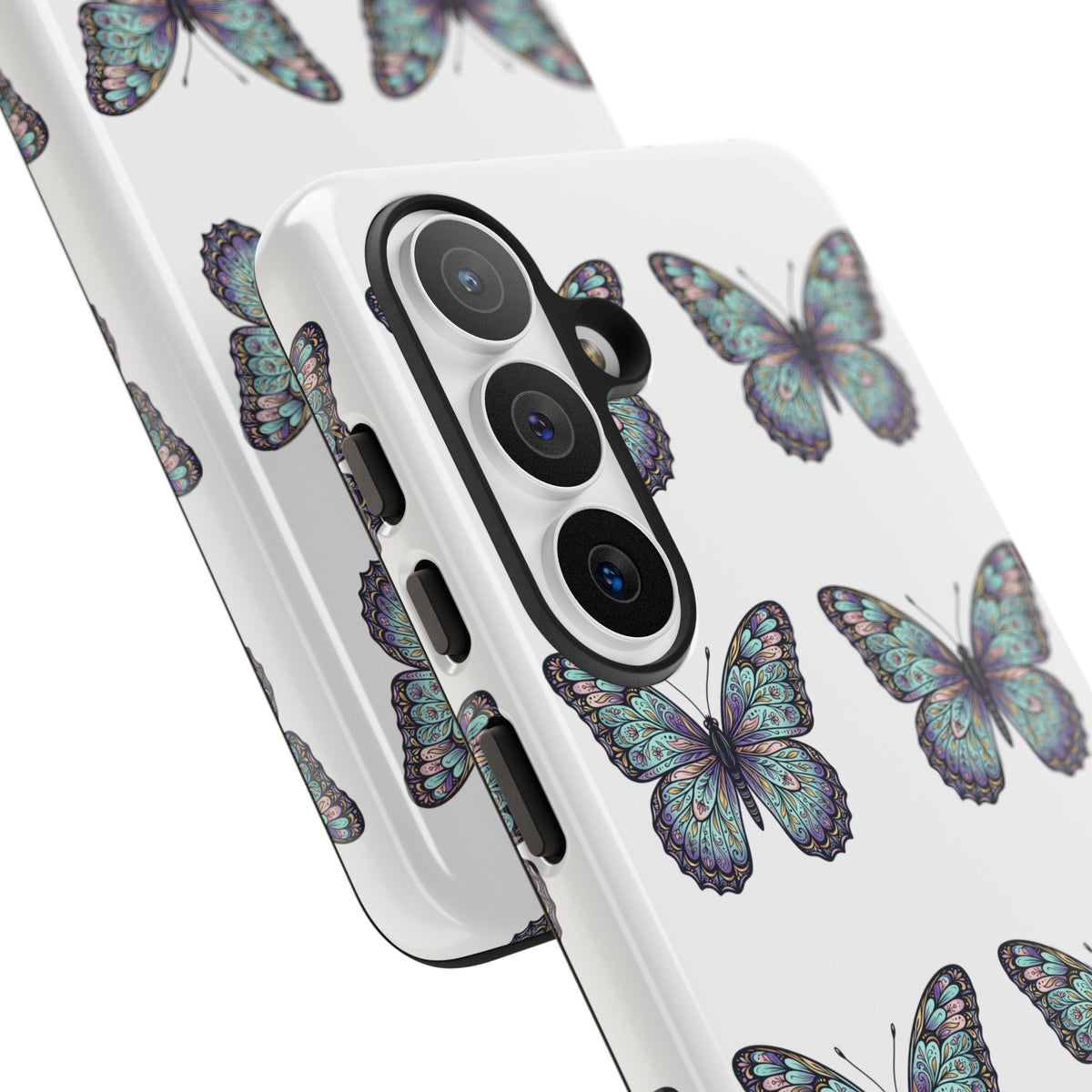 Butterfly Pattern Tough Phone Case — Vintage Teal Floral Protective Cover