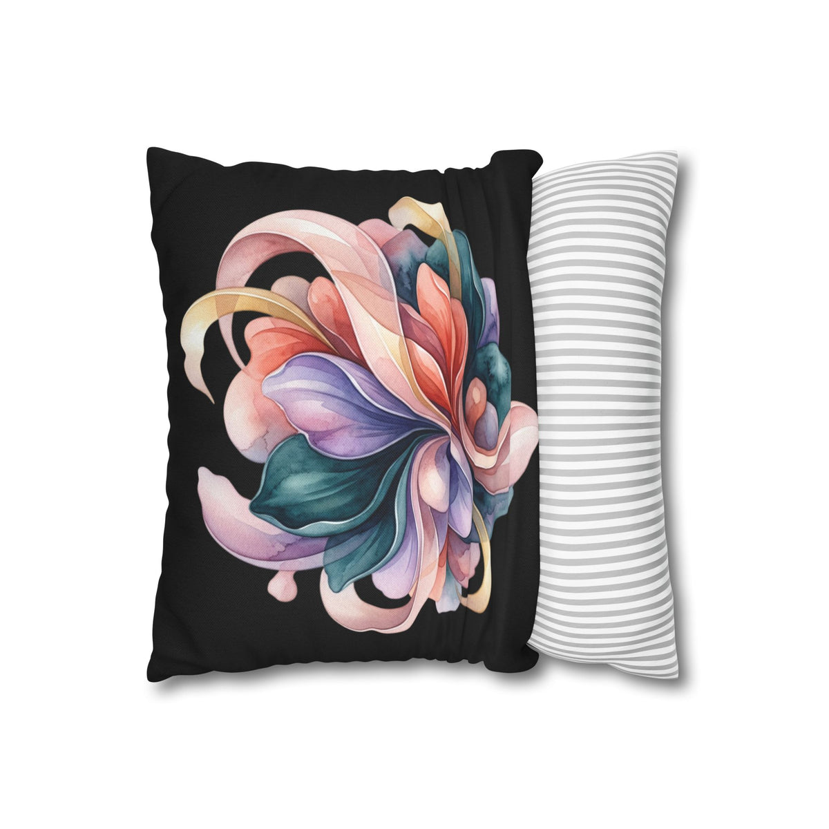 Abstract Floral Throw Pillowcase — Colorful Petal Swirl on Black