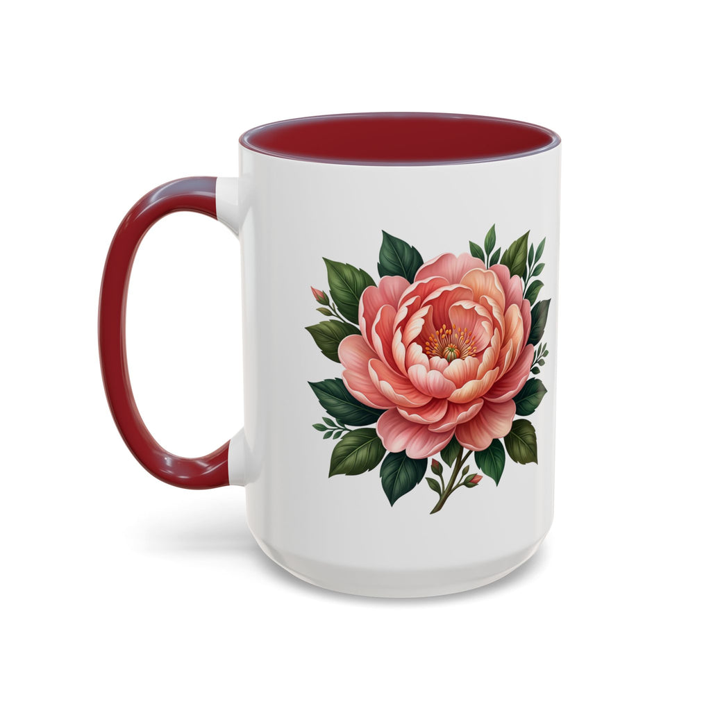 Floral Peony Accent Coffee Mug — Pink Rose Bloom Ceramic Cup