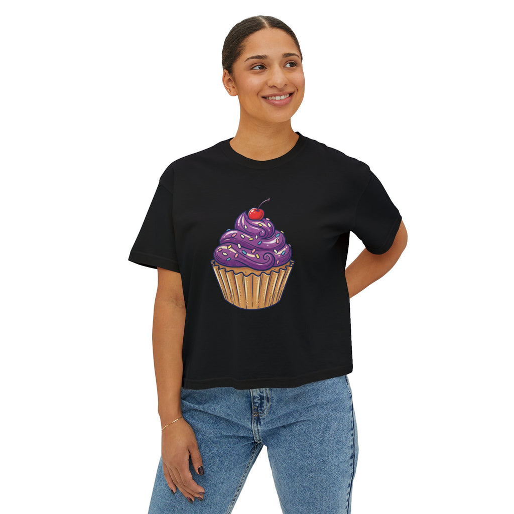 Cupcake Graphic Boxy Tee — Cute Purple Frosting Women's T-Shirt