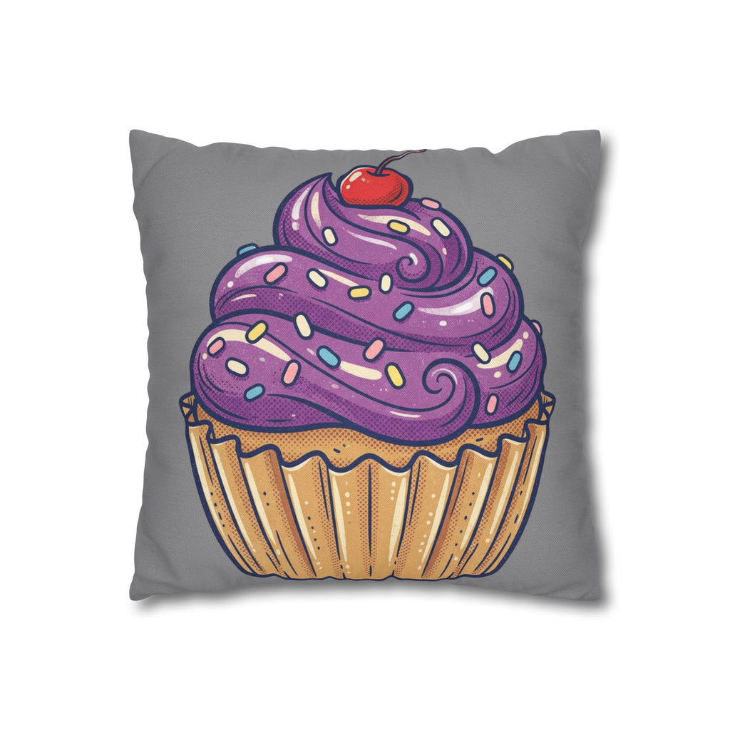 Cupcake Pillowcase — Whimsical Purple Frosting Decorative Throw Pillow- Grey