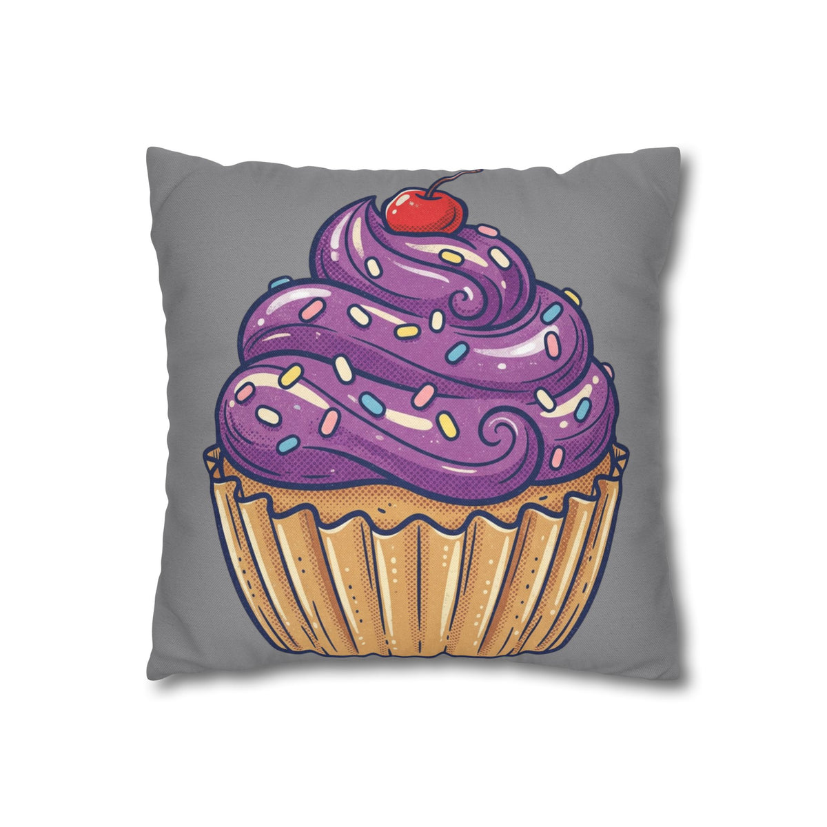 Cupcake Pillowcase — Whimsical Purple Frosting Decorative Throw Pillow- Grey