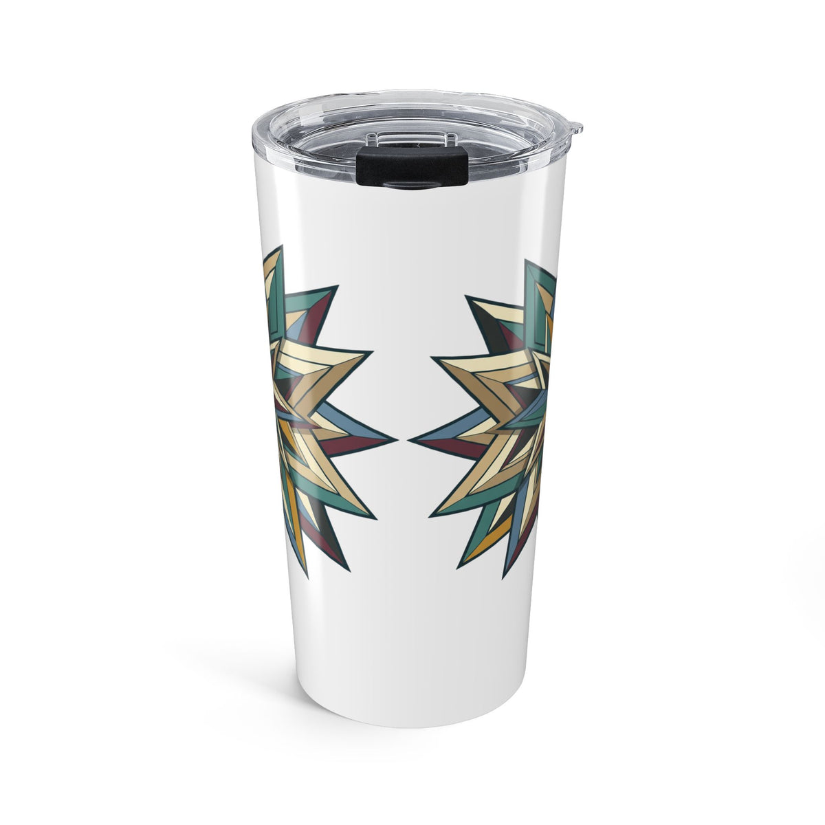 20oz Starburst Geometric Tumbler — Insulated Travel Cup with Teal & Gold Tribal Mandala- White