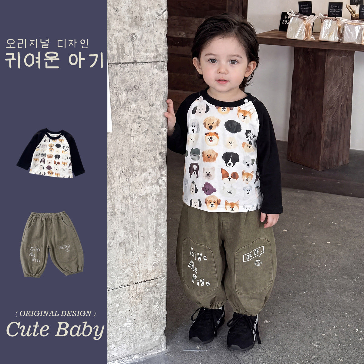 Two-Piece Set for Boys Dog Print Base Layer Lantern Pants Cool Baby Boy Outfit