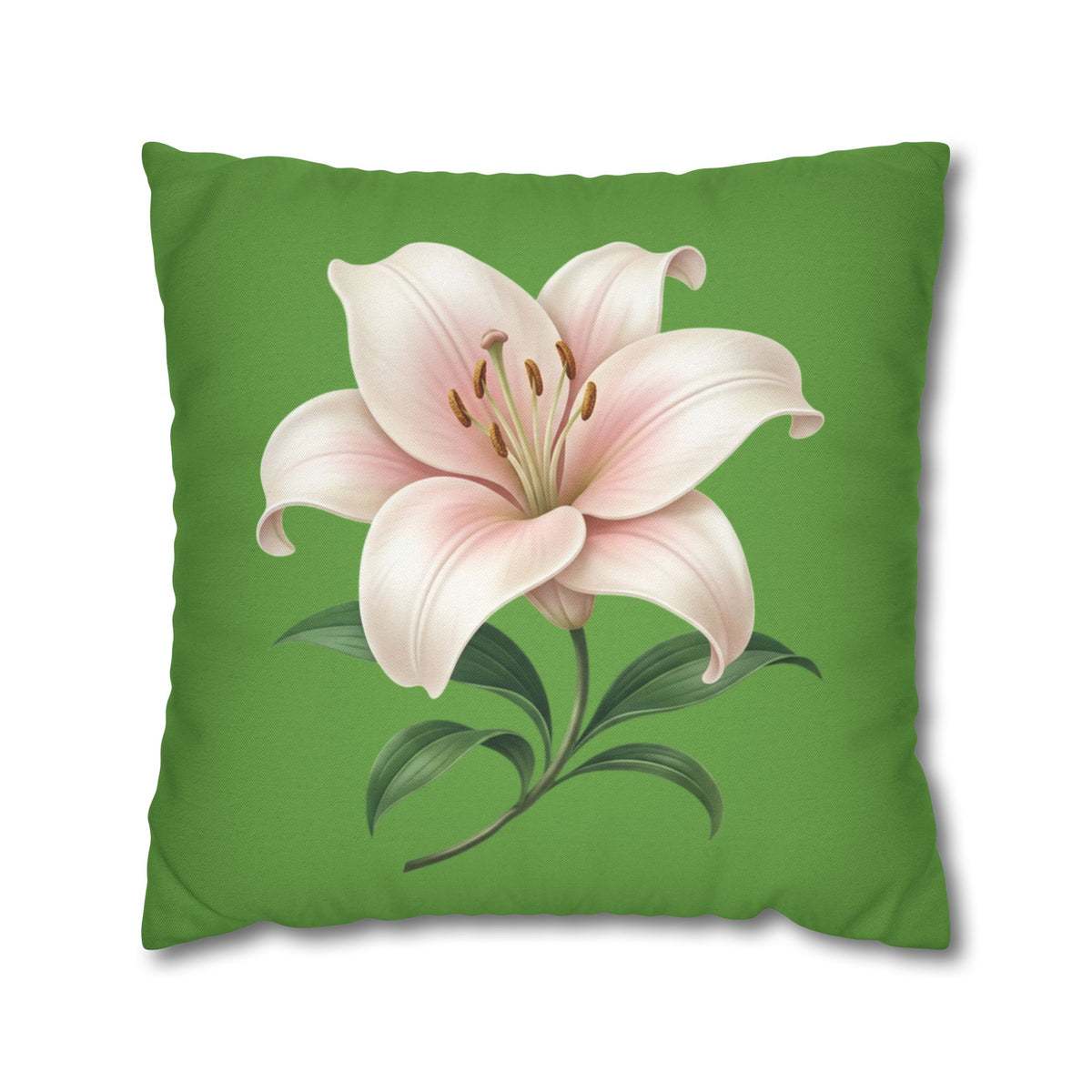 Pink Lily Floral Pillowcase — Green Square Decorative Pillow Cover