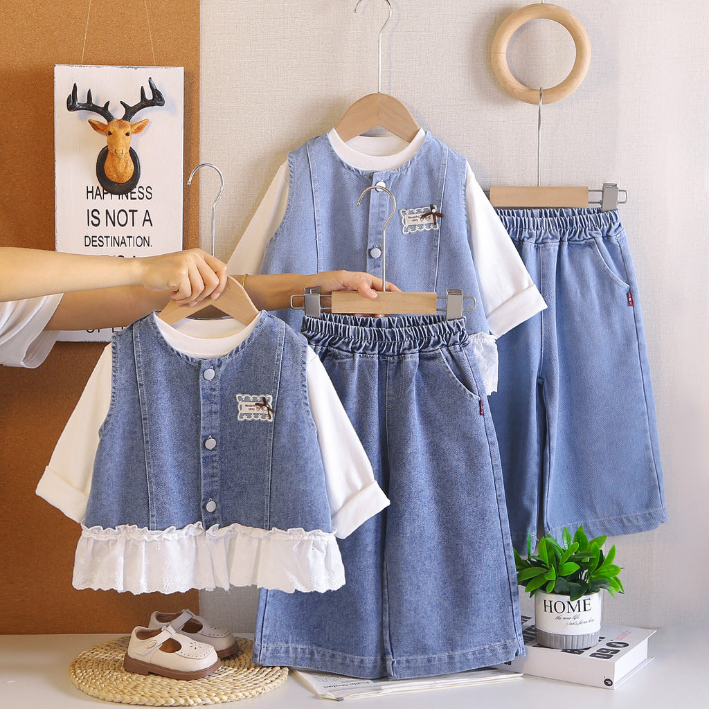 Cowboy vest girl baby long sleeved three piece set