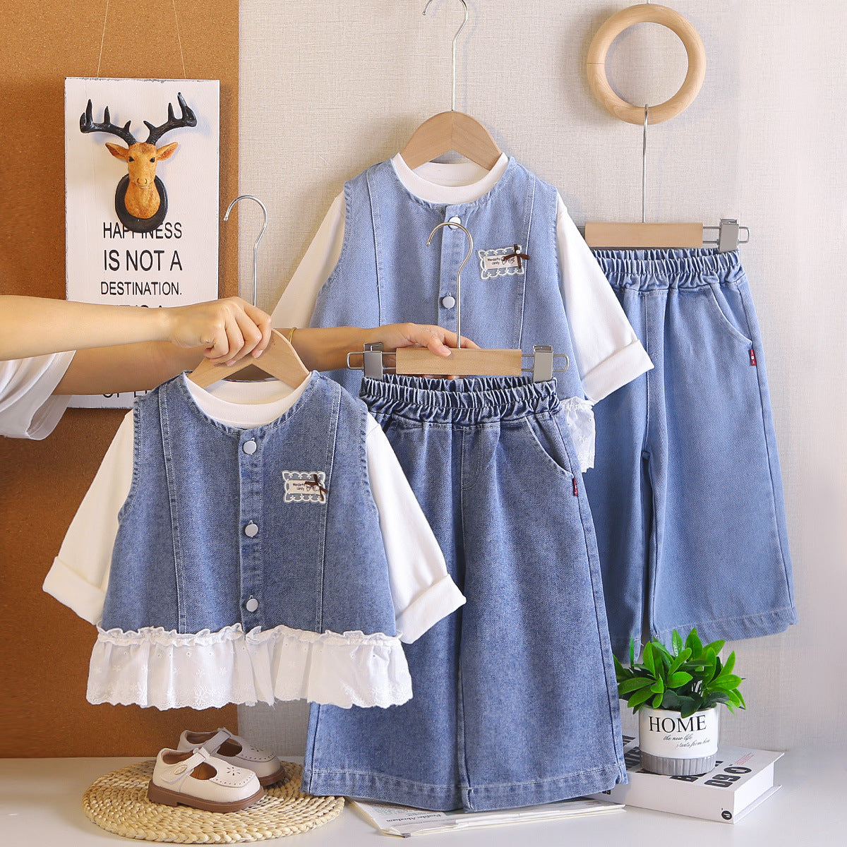 Cowboy vest girl baby long sleeved three piece set