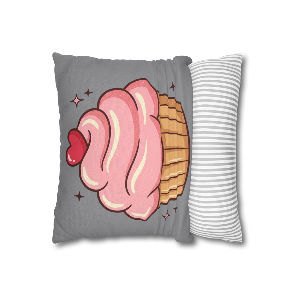 Pink Cupcake Spun Polyester Square Pillowcase- Grey