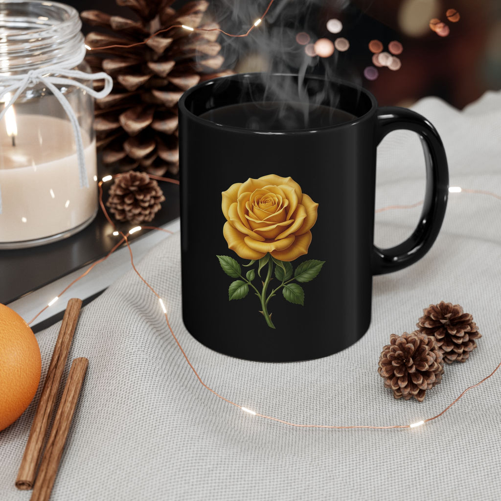 Yellow Rose Black Mug — Elegant Floral Coffee Cup (11oz & 15oz)