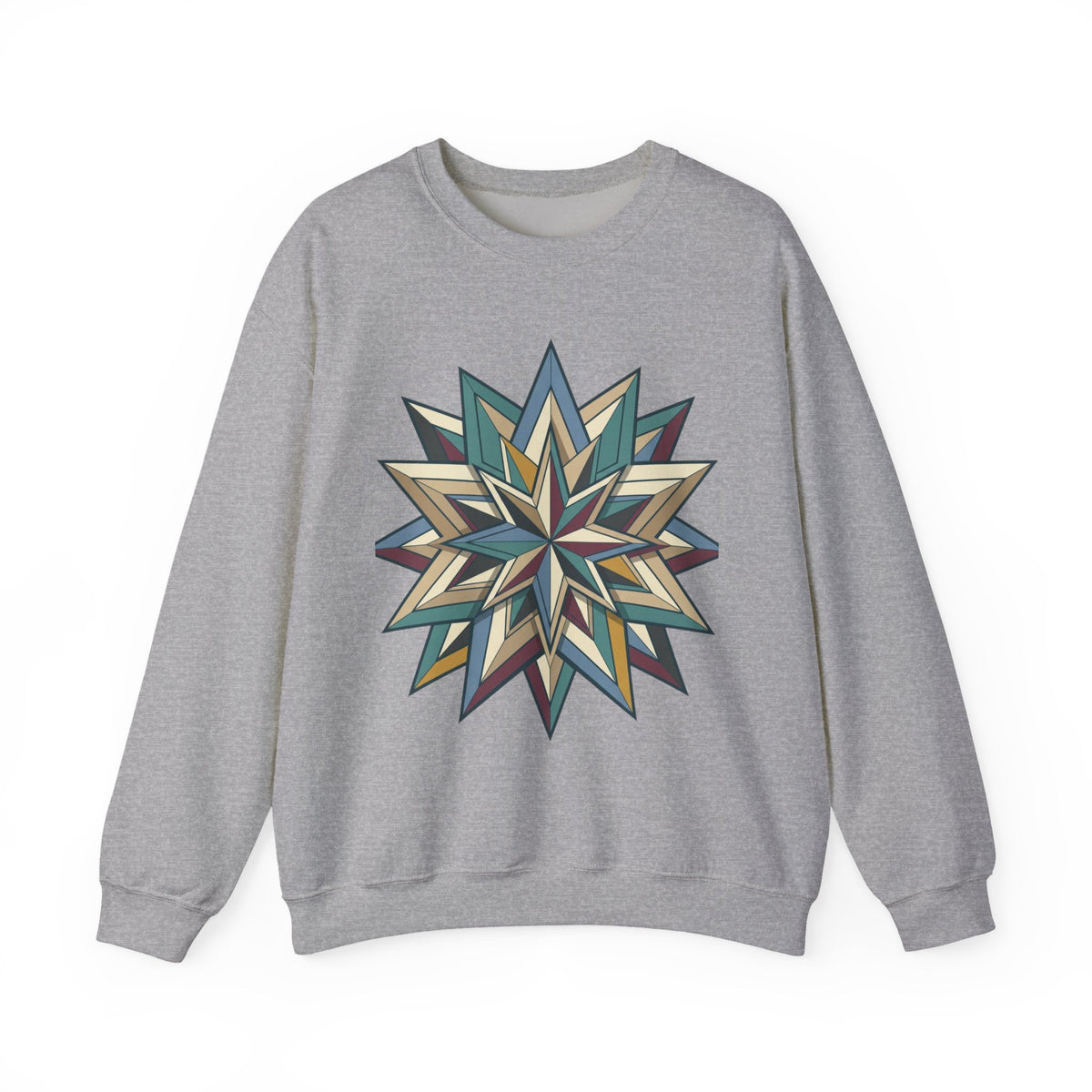 Crewneck Sweatshirt — Geometric Starburst Mandala Design