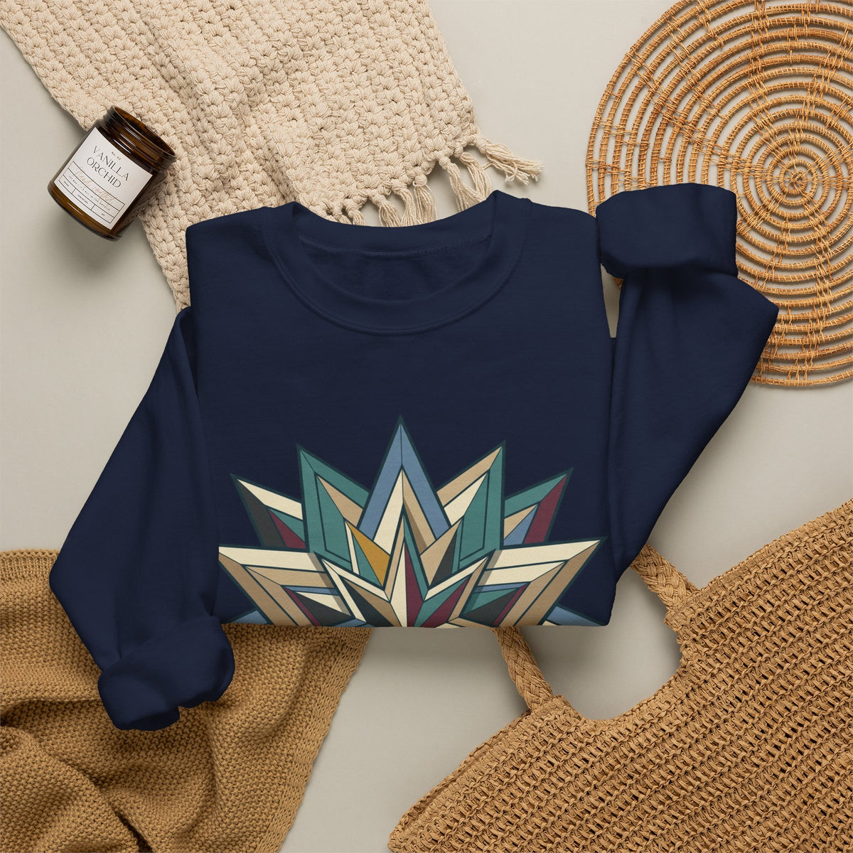Crewneck Sweatshirt — Geometric Starburst Mandala Design