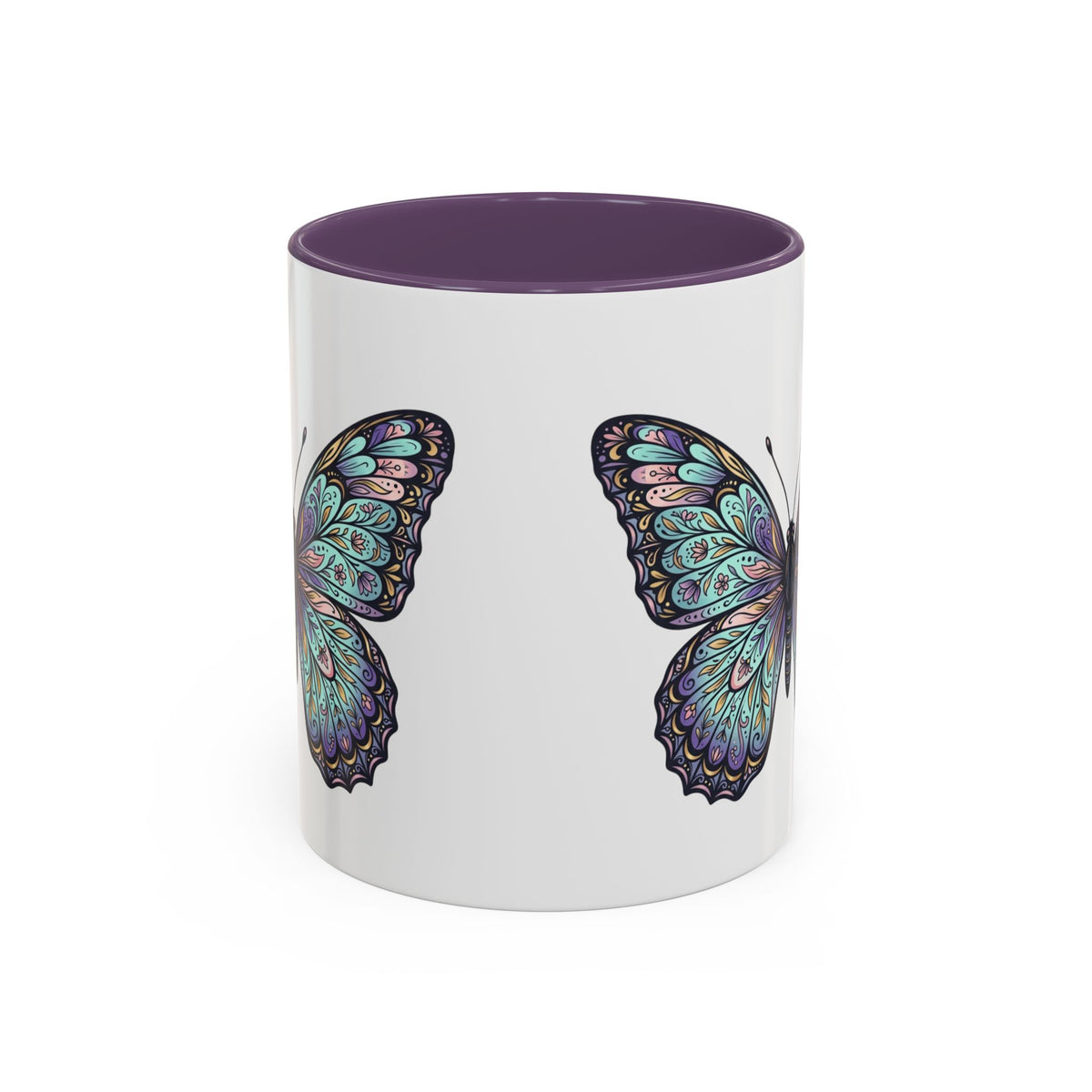 Butterfly Accent Coffee Mug — Teal Mandala Wing Design (11/15oz)