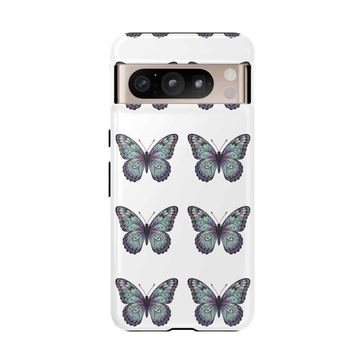 Butterfly Pattern Tough Phone Case — Vintage Teal Floral Protective Cover
