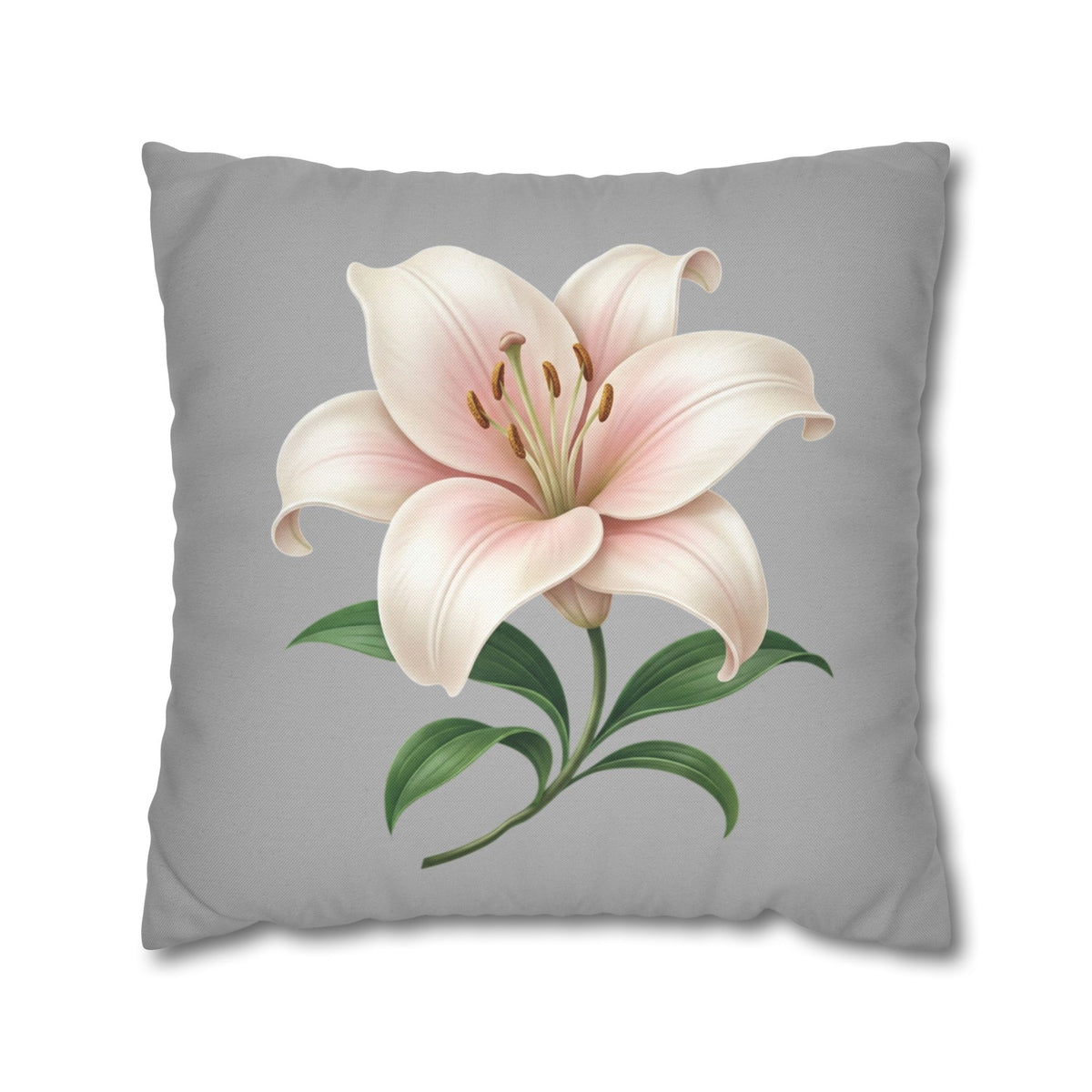 Floral Lily Throw Pillowcase — Pink Lily on Gray Decorative Cushion Cover