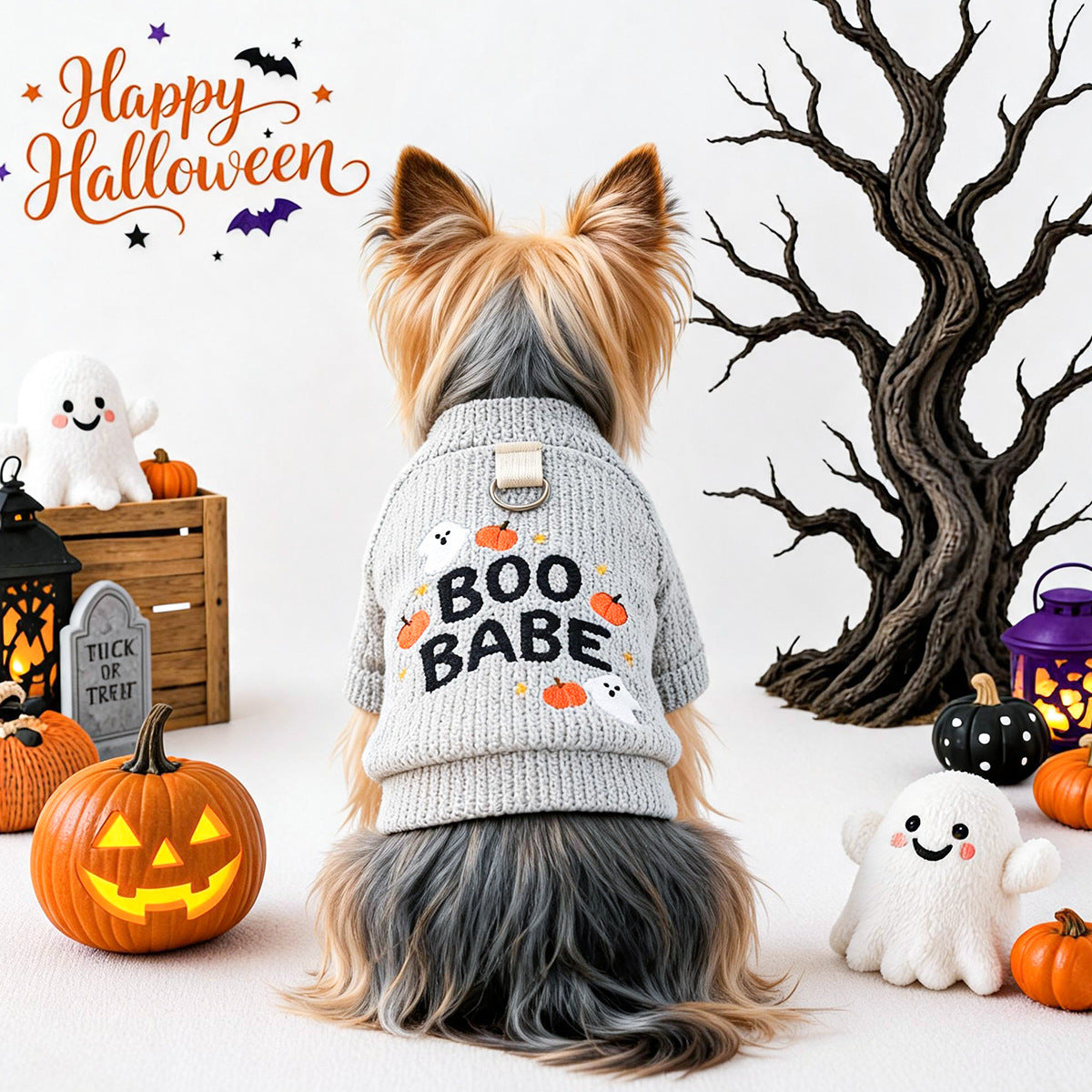 Cute Pet Clothing for Small Dogs and Cats, Halloween Pumpkin Ghost Crewneck Sweater