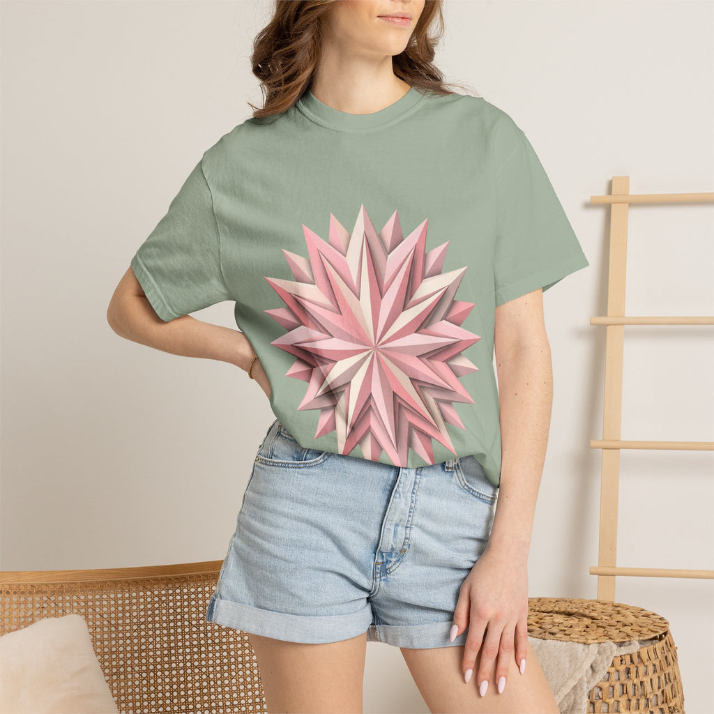 Geometric Rose Star T-Shirt — Pink 3D Origami Floral Tee
