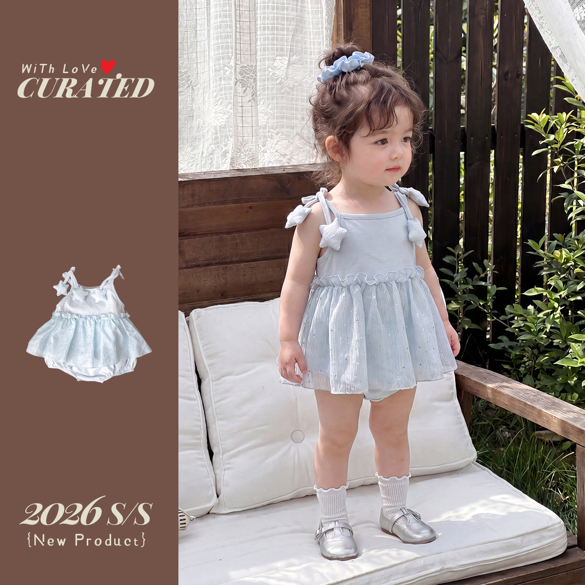 Romper with Star Sequin Tulle Dress, Sleeveless Bodysuit for Infants and Toddlers, Outing Crawling Suit, Girl's Straps One-Piece Clothing
