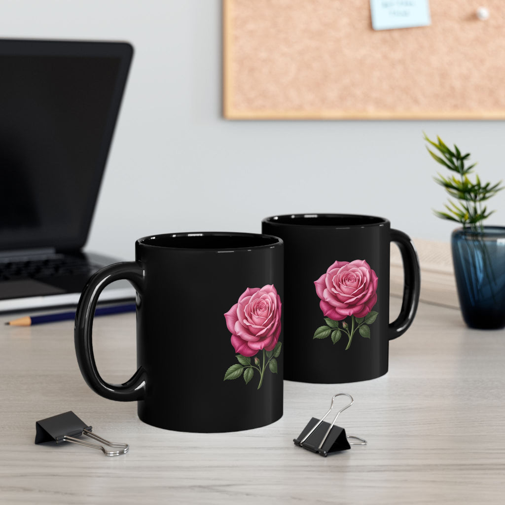 Pink Rose Black Mug — Elegant Floral Coffee Cup (11oz & 15oz)