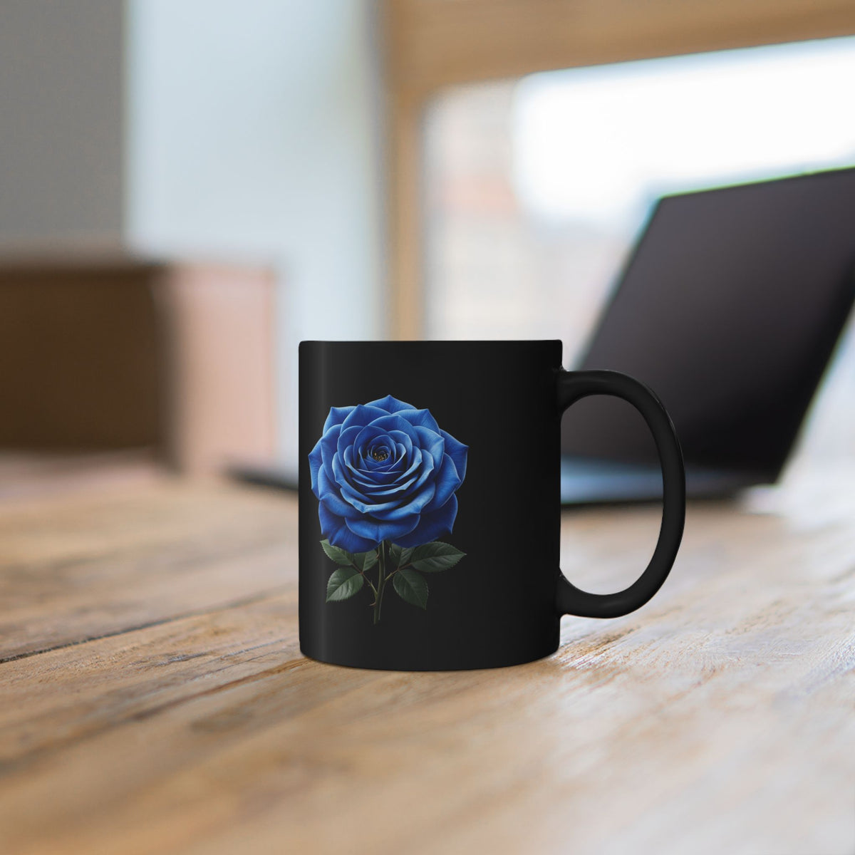 Blue Rose Black Mug — Elegant Floral Coffee Cup (11oz/15oz)