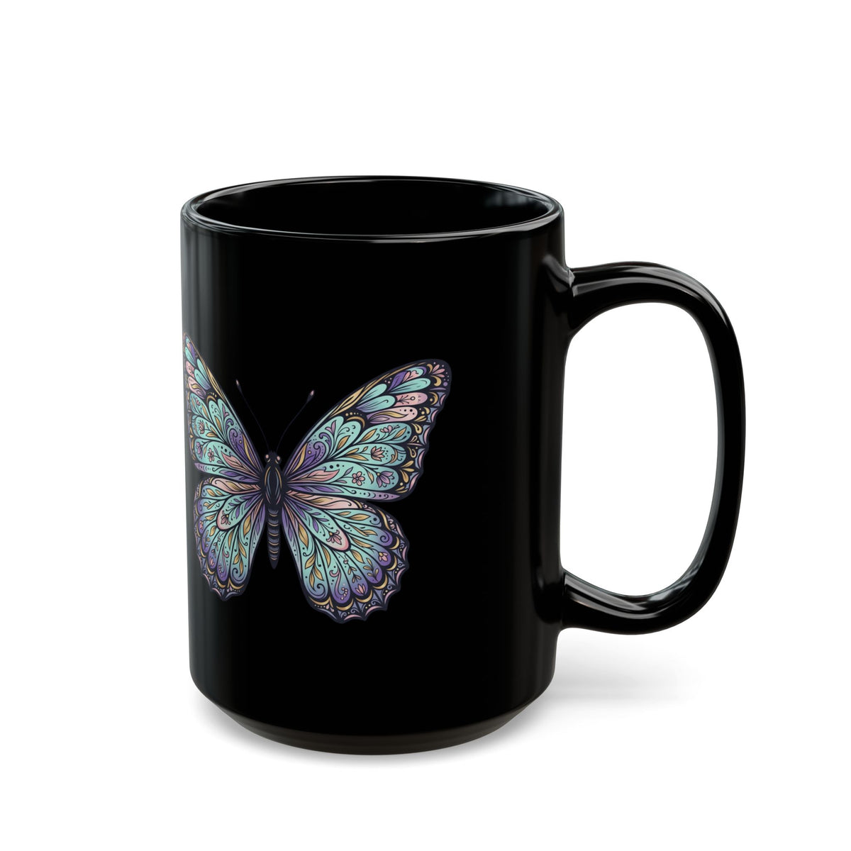Iridescent Butterfly Black Mug — 11oz & 15oz Ceramic Coffee Cup