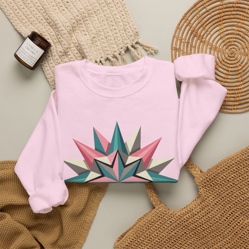 Geometric Starburst Crewneck Sweatshirt — Pink Teal Modern Compass Design