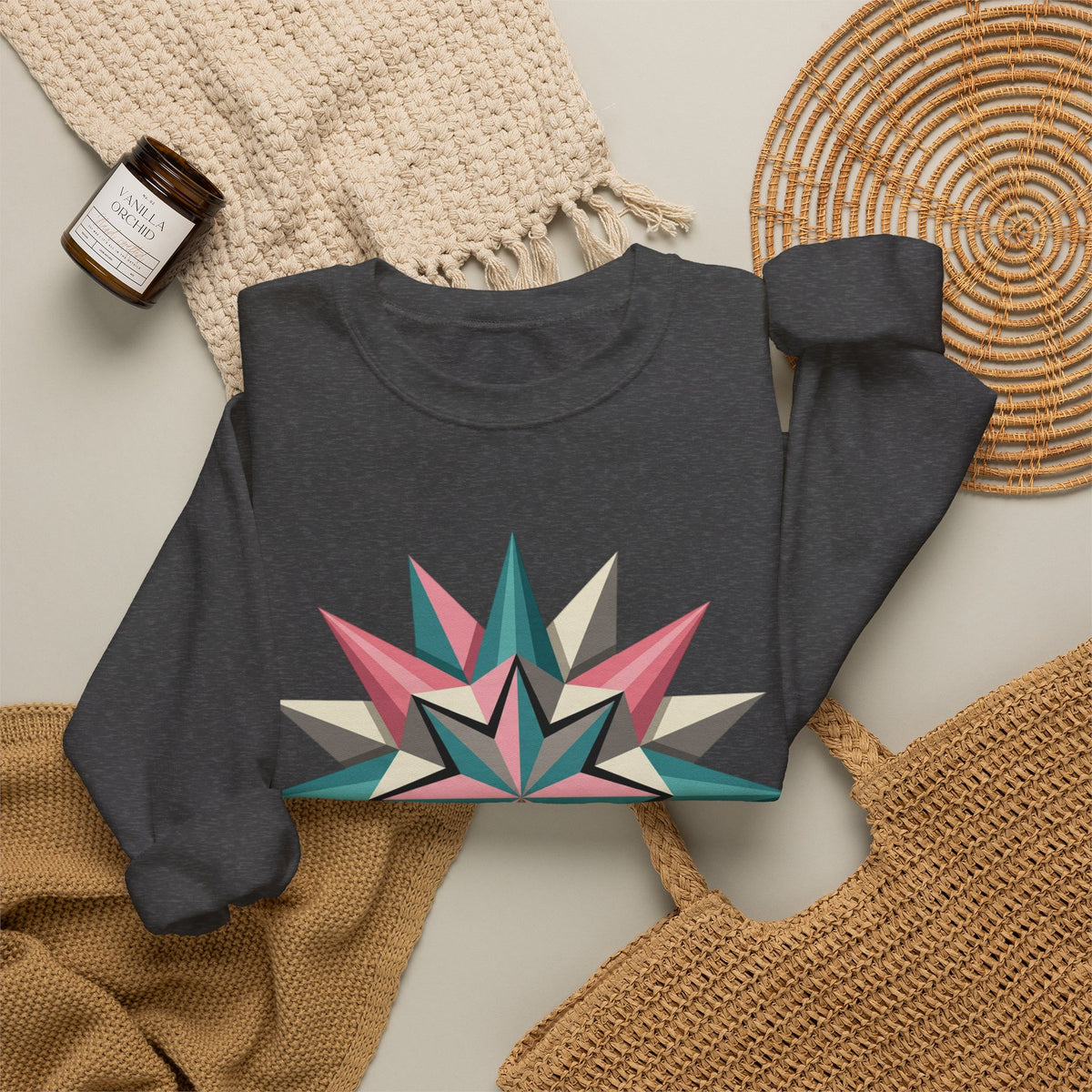 Geometric Starburst Crewneck Sweatshirt — Pink Teal Modern Compass Design