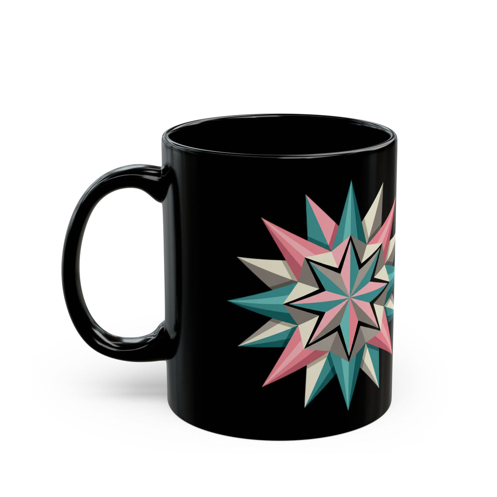 Geometric Starburst Black Coffee Mug — Retro Teal & Pink 11oz/15oz