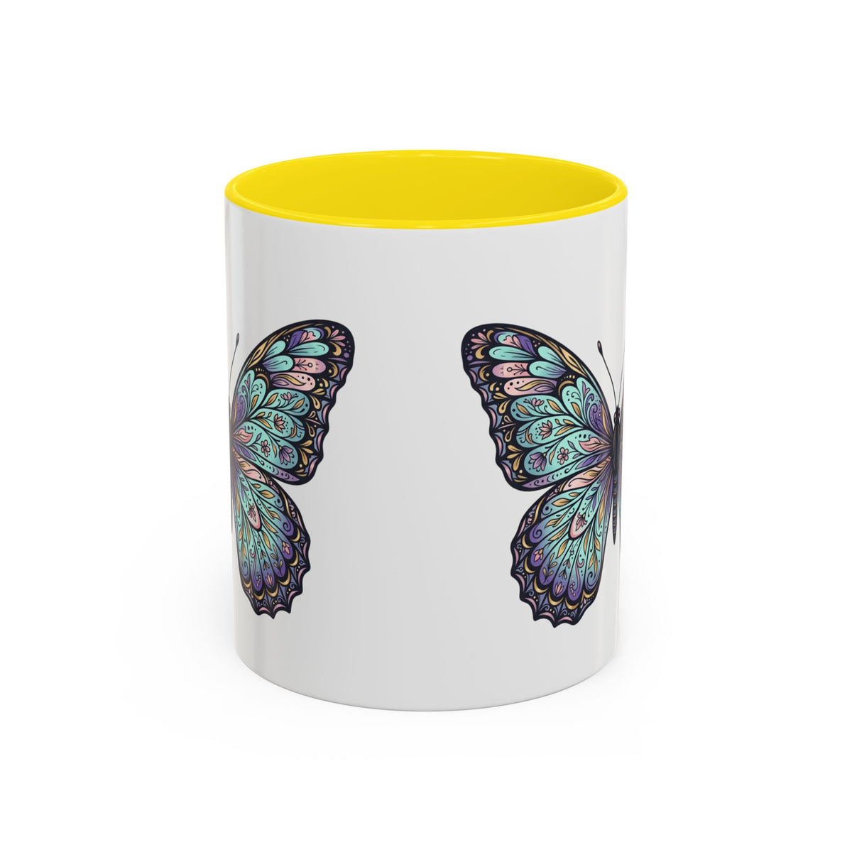 Butterfly Accent Coffee Mug — Teal Mandala Wing Design (11/15oz)