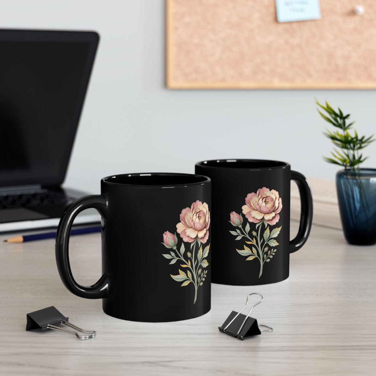 Floral Vintage Rose Black Ceramic Mug — Elegant Pink Peony Coffee Cup (11oz/15oz)
