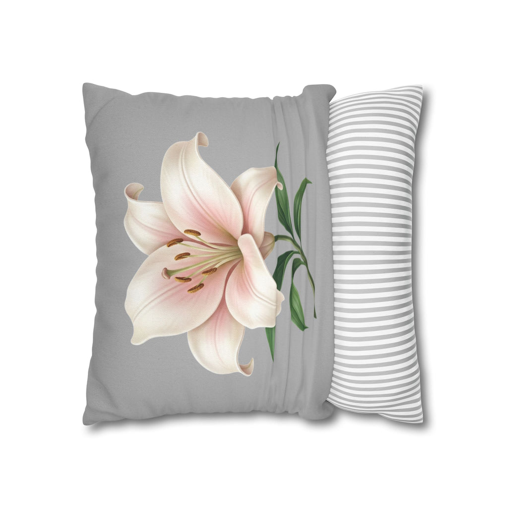 Floral Lily Throw Pillowcase — Pink Lily on Gray Decorative Cushion Cover