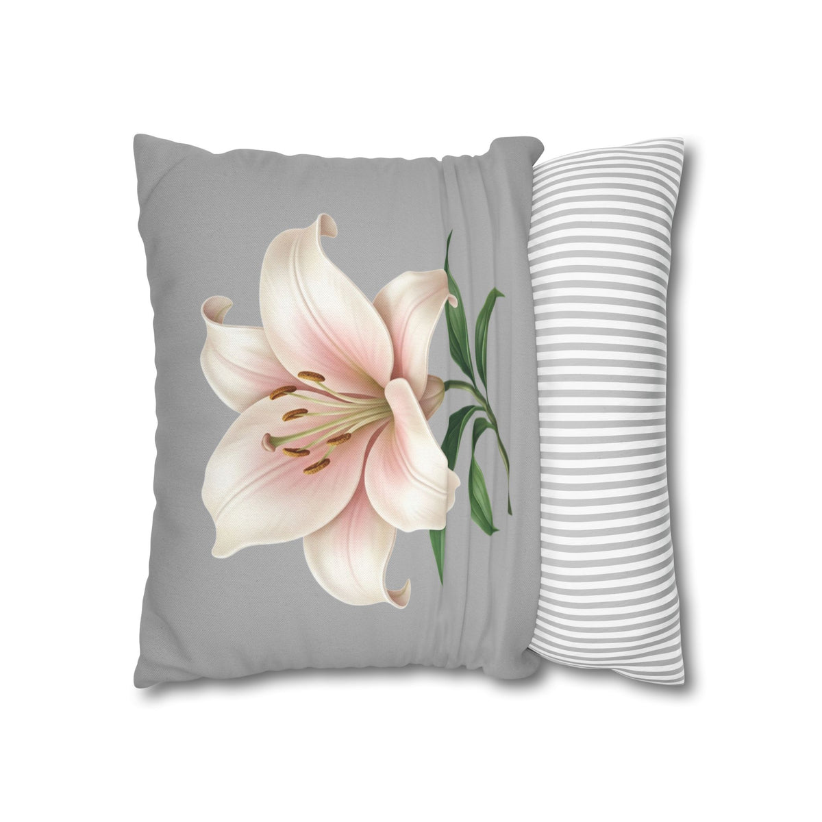 Floral Lily Throw Pillowcase — Pink Lily on Gray Decorative Cushion Cover