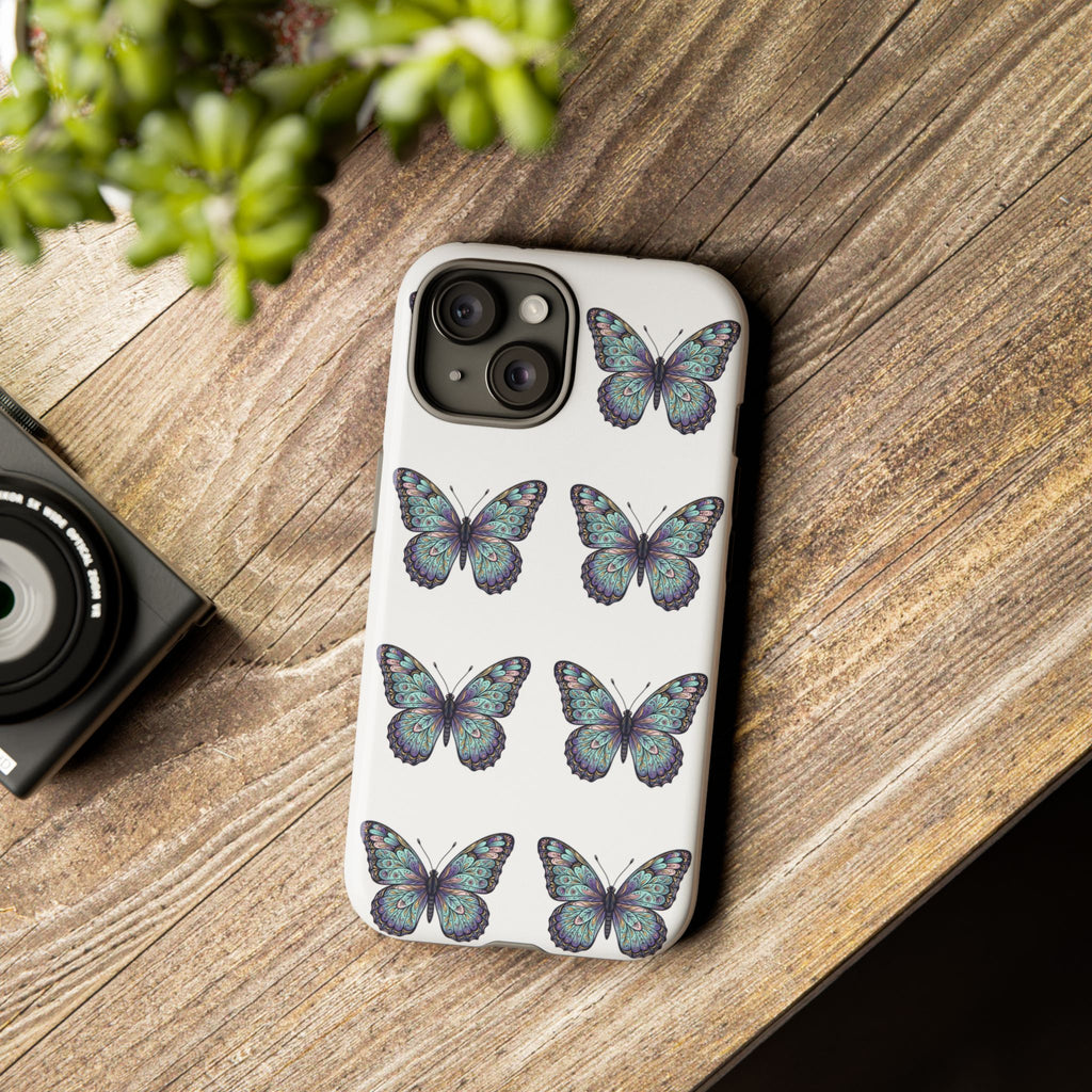 Butterfly Pattern Tough Phone Case — Vintage Teal Floral Protective Cover