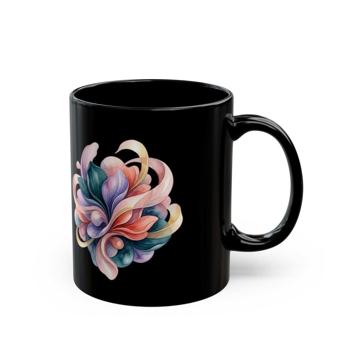 Floral Heart Black Mug — Colorful Watercolor Bouquet Coffee Cup (11oz & 15oz)