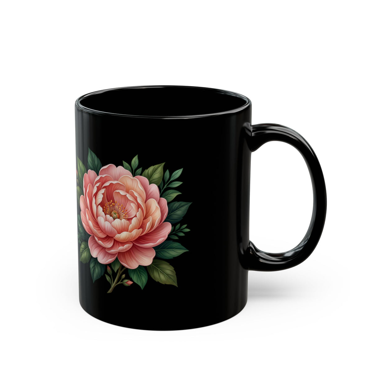 Floral Peony Black Mug — Pink Rose Coffee Cup (11oz, 15oz)