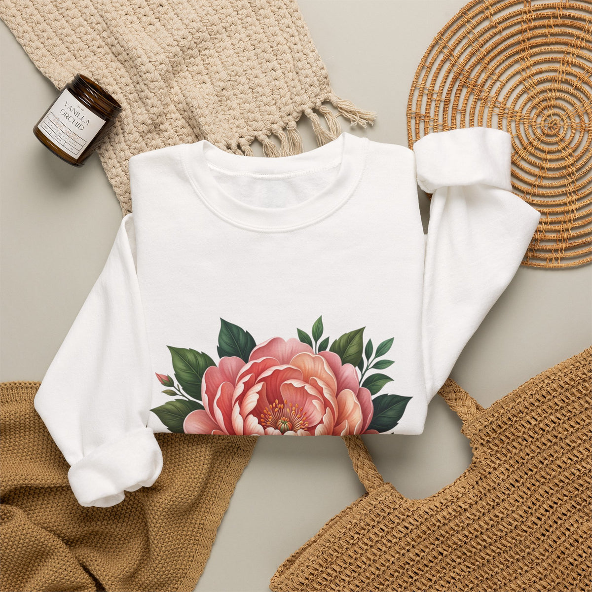 Floral Peony Crewneck Sweatshirt — Vintage Pink Flower Pullover
