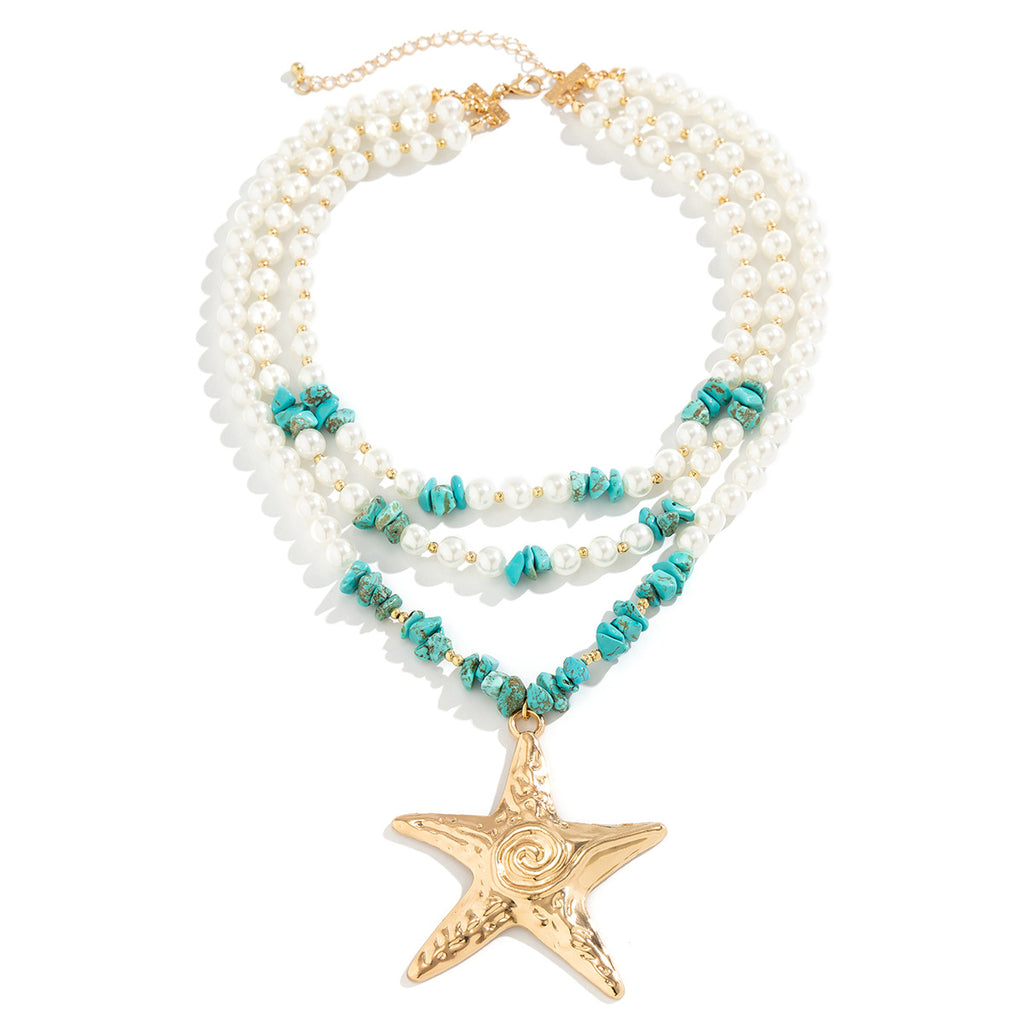 Starfish pendant necklaces, niche women's necklaces, layered imitation pearl ocean style